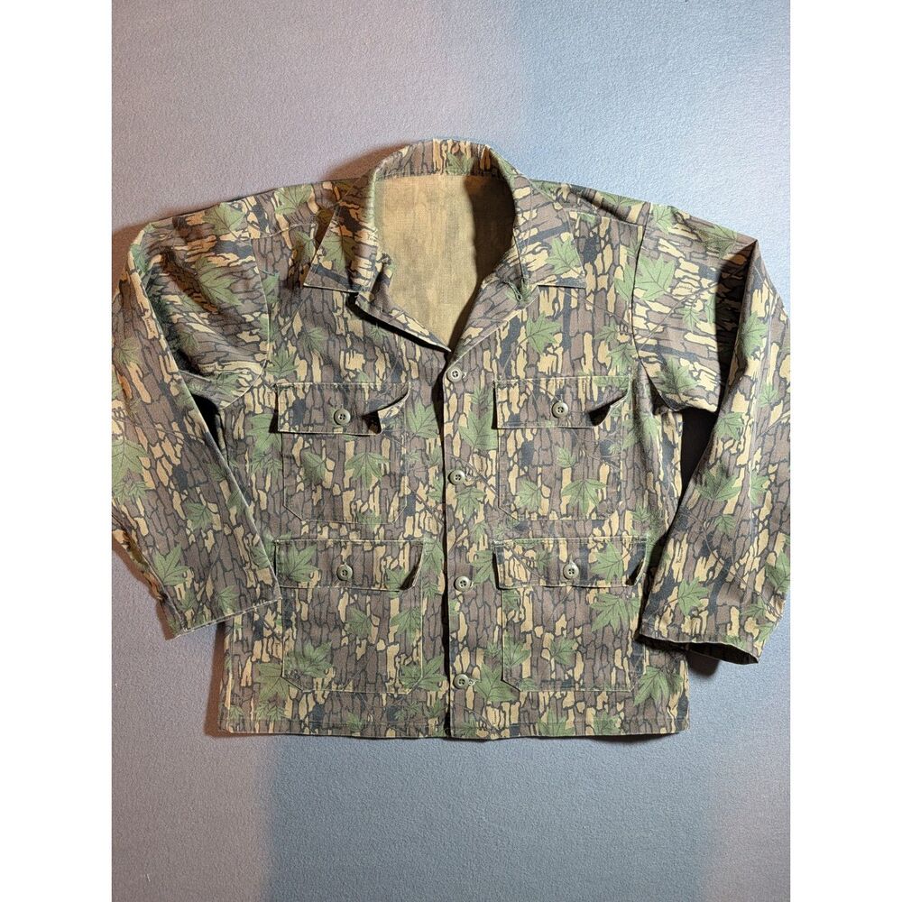 Vintage Trebark Camo Hunting Safari Field Jacket 4 Pocket Button Front USA Men L